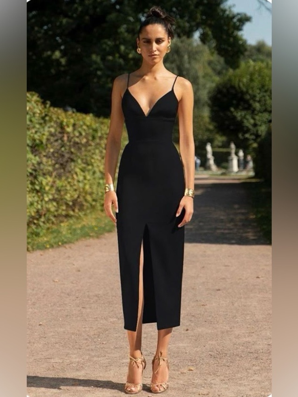 BARDOT DIANA Elegant Black Midi Slip Dress with Front Slit